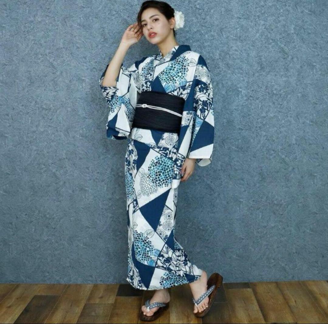美品★カルキュロ浴衣★ノー皺加工最高級★紫陽花モダン★帯セット