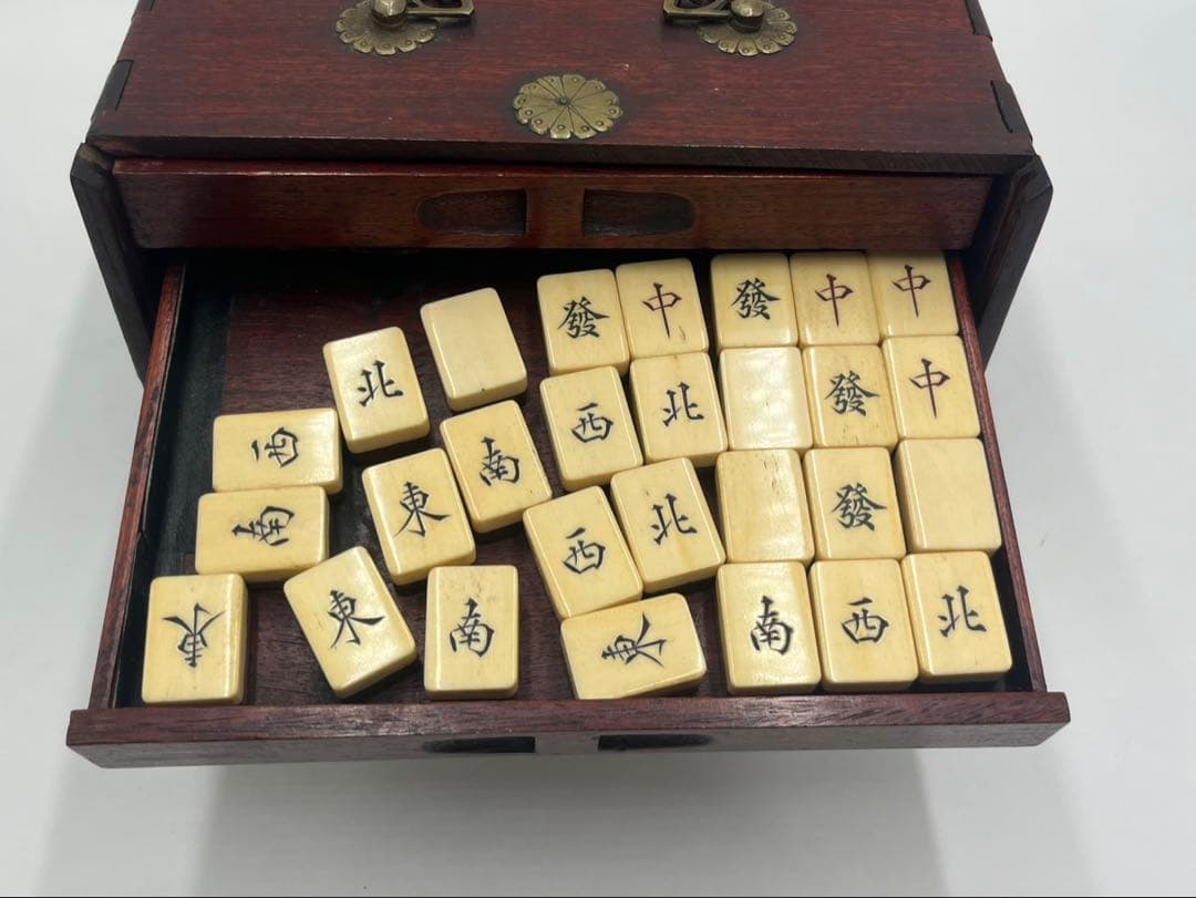 中国　竹嵌　骨牌　背竹牌　麻雀牌　唐木箱付