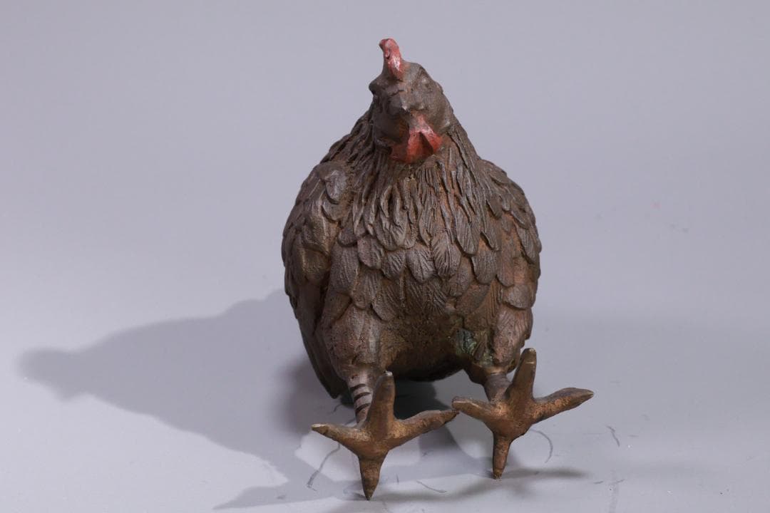 古銅 双鶏 親子鶏像 共箱 銅製 一対 ブロンズ オブジェ 細密彫刻 BE976