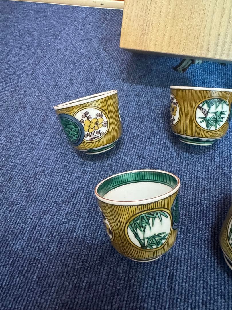 1572 九谷焼　角福　松竹梅文　青手煎茶碗　5客　時代物