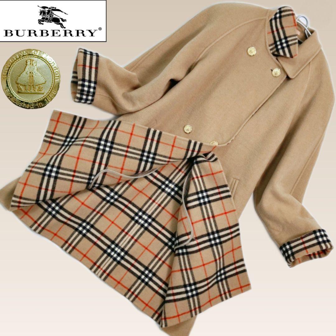 バーバリー カシミヤ混 ダブルフェイスコート ノバチェック ベージュ　金ボタン