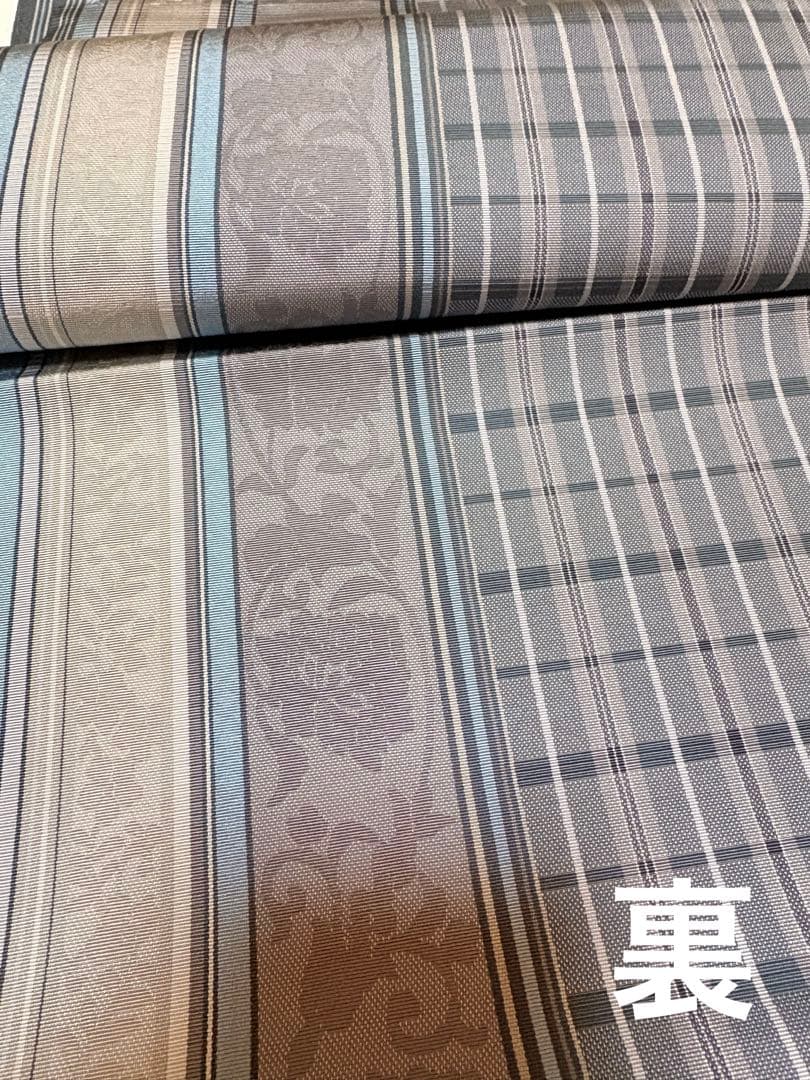 八寸名古屋帯 グレー系 花柄 チェック柄絹100パーセント博多織