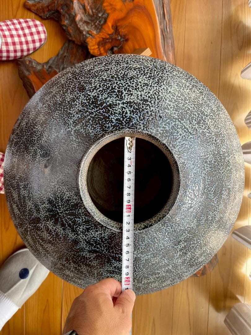 一の瀬焼丸太窯 木製台座付き 作家名サインあり