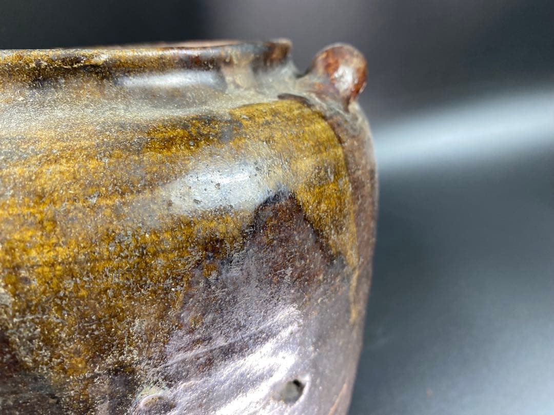 茶壺 耳付 古唐津 古薩摩 黒高麗 李朝 骨董 古玩 時代物 高21.7cm