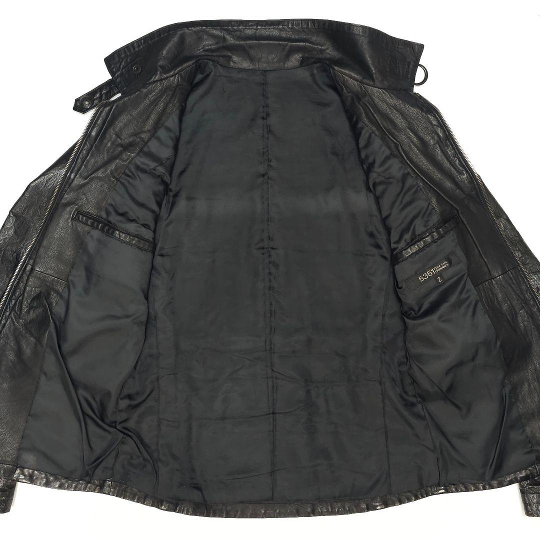 5351プールオム☆襟付き牛革シングルライダースジャケット2黒レザージャケット