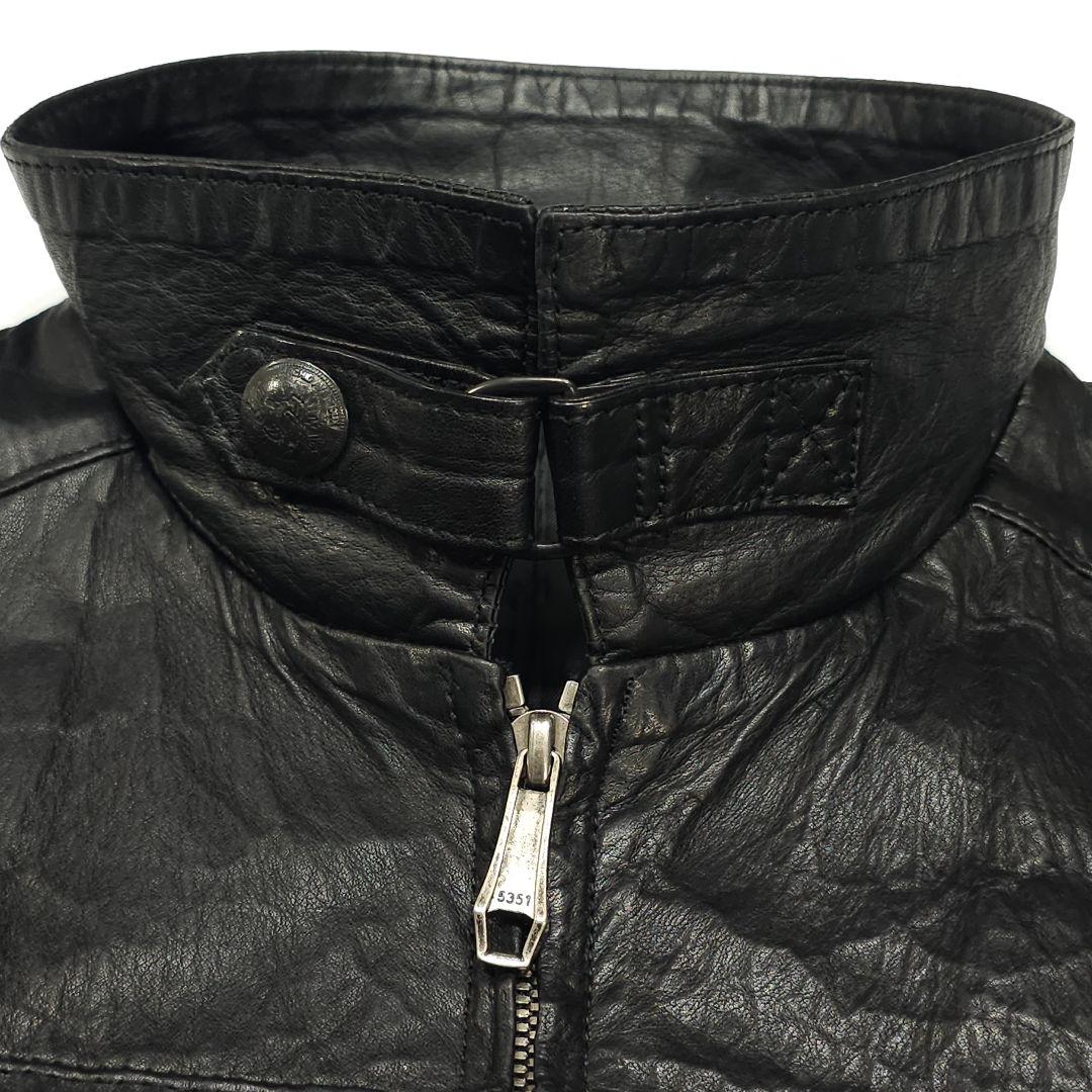 5351プールオム☆襟付き牛革シングルライダースジャケット2黒レザージャケット