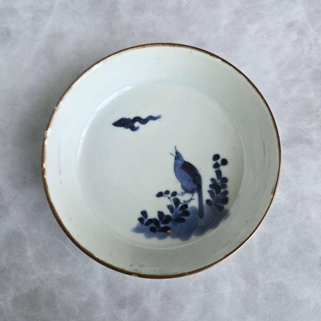 古伊万里　染付　雪輪　小皿　鶉　江戸時代　金直し　金継ぎ　骨董　アンティーク