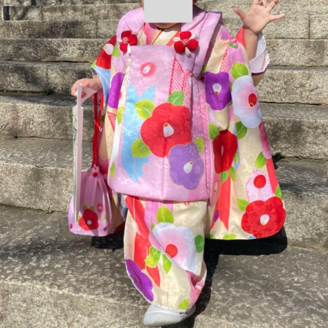極美品 3歳 七五三 被布 花柄 着物 7点セット おまけ付き 晴れ着 女の子