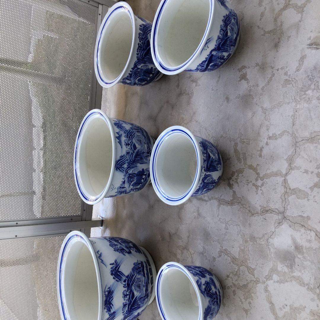 青と白の山水画 陶器植木鉢 6個セット