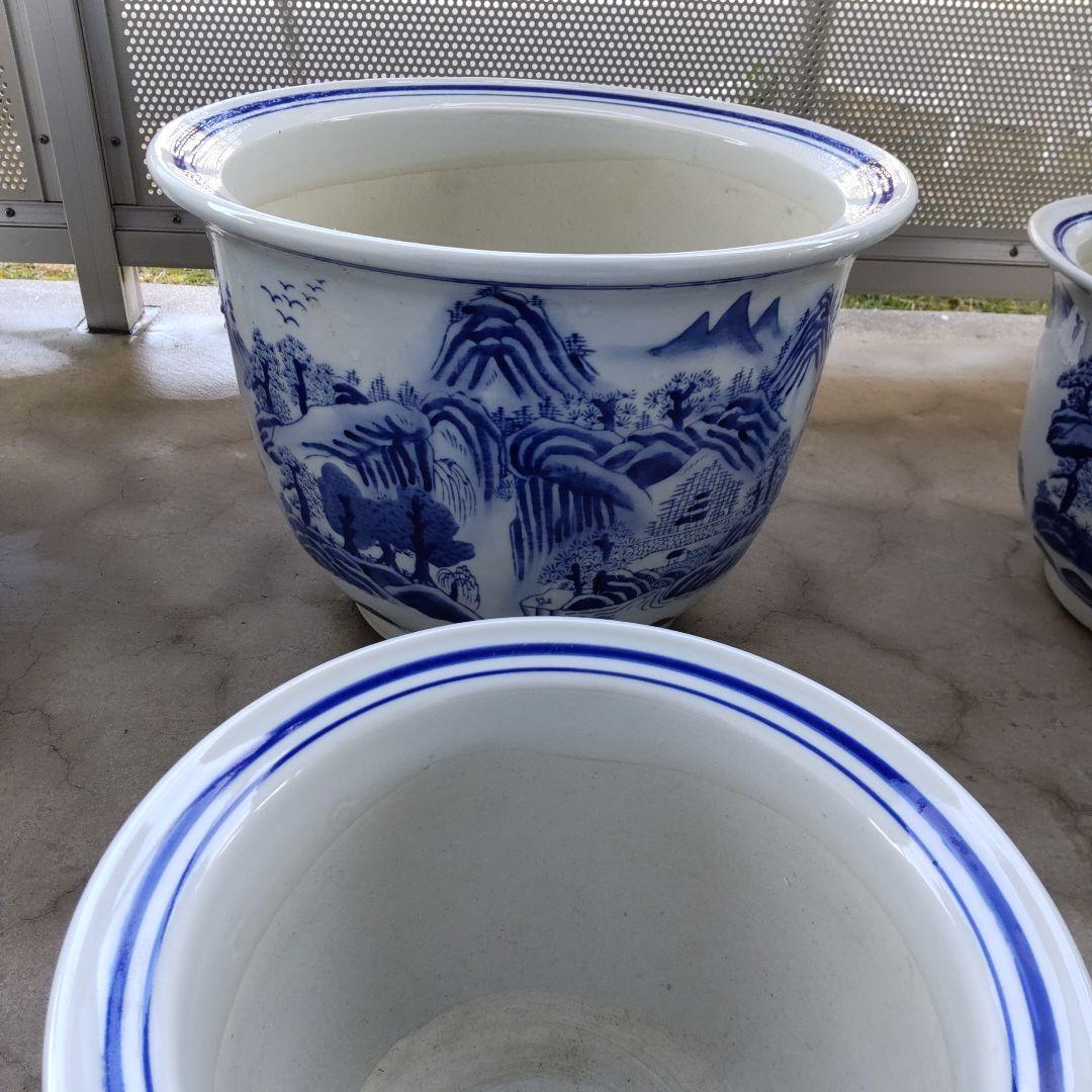 青と白の山水画 陶器植木鉢 6個セット