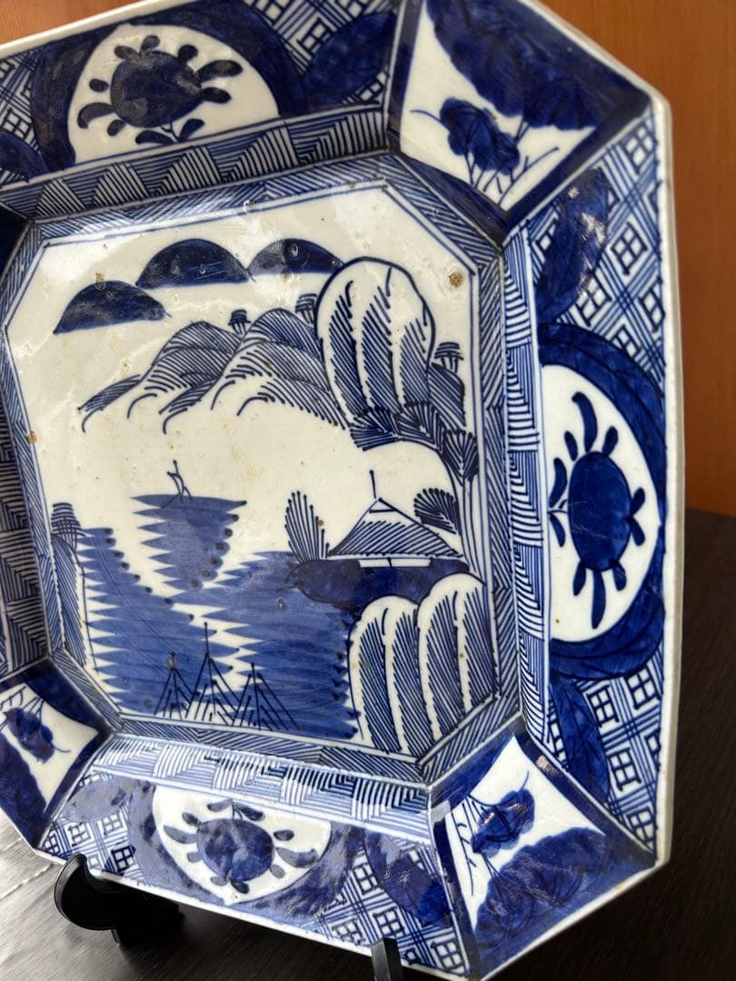 古伊万里 染付 ベロ藍 線描 銘有 隅切り八角皿 山水楼閣 九谷 飾り皿 骨董品