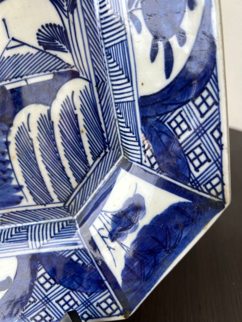 古伊万里 染付 ベロ藍 線描 銘有 隅切り八角皿 山水楼閣 九谷 飾り皿 骨董品