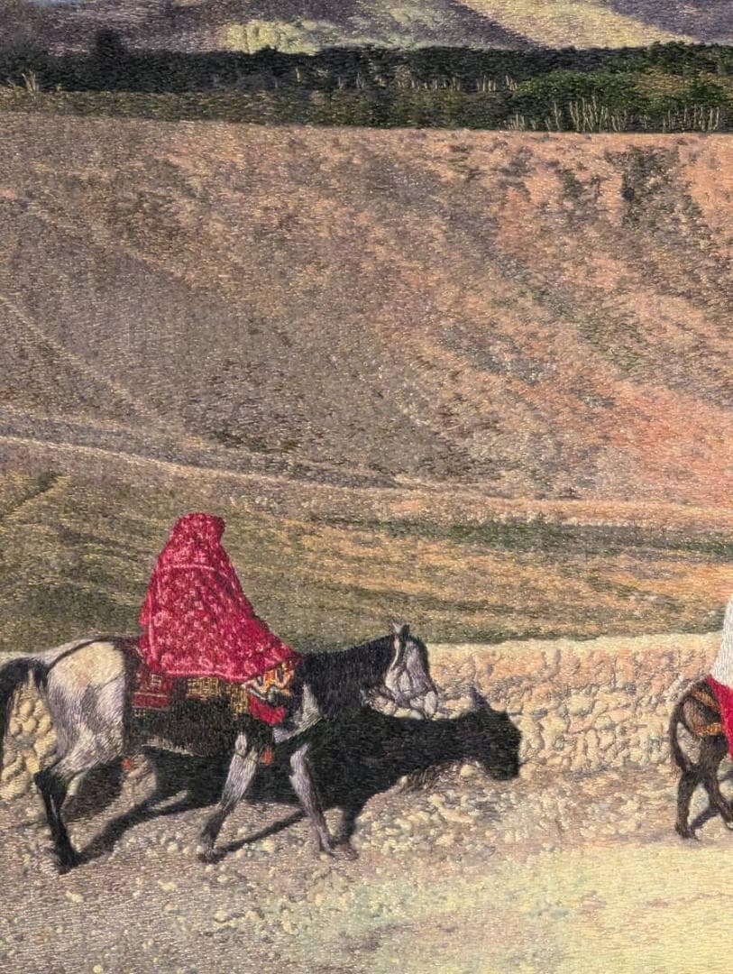 【真作】刺繍画　工芸品　異国の旅路　精緻な糸で描く風景と人々　W63