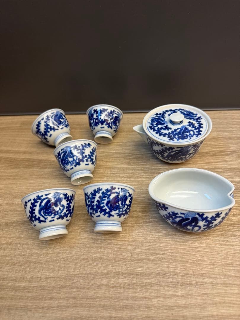 1518  染付青花　茶器セット　宝瓶1  湯冷し1  湯呑5  未使用