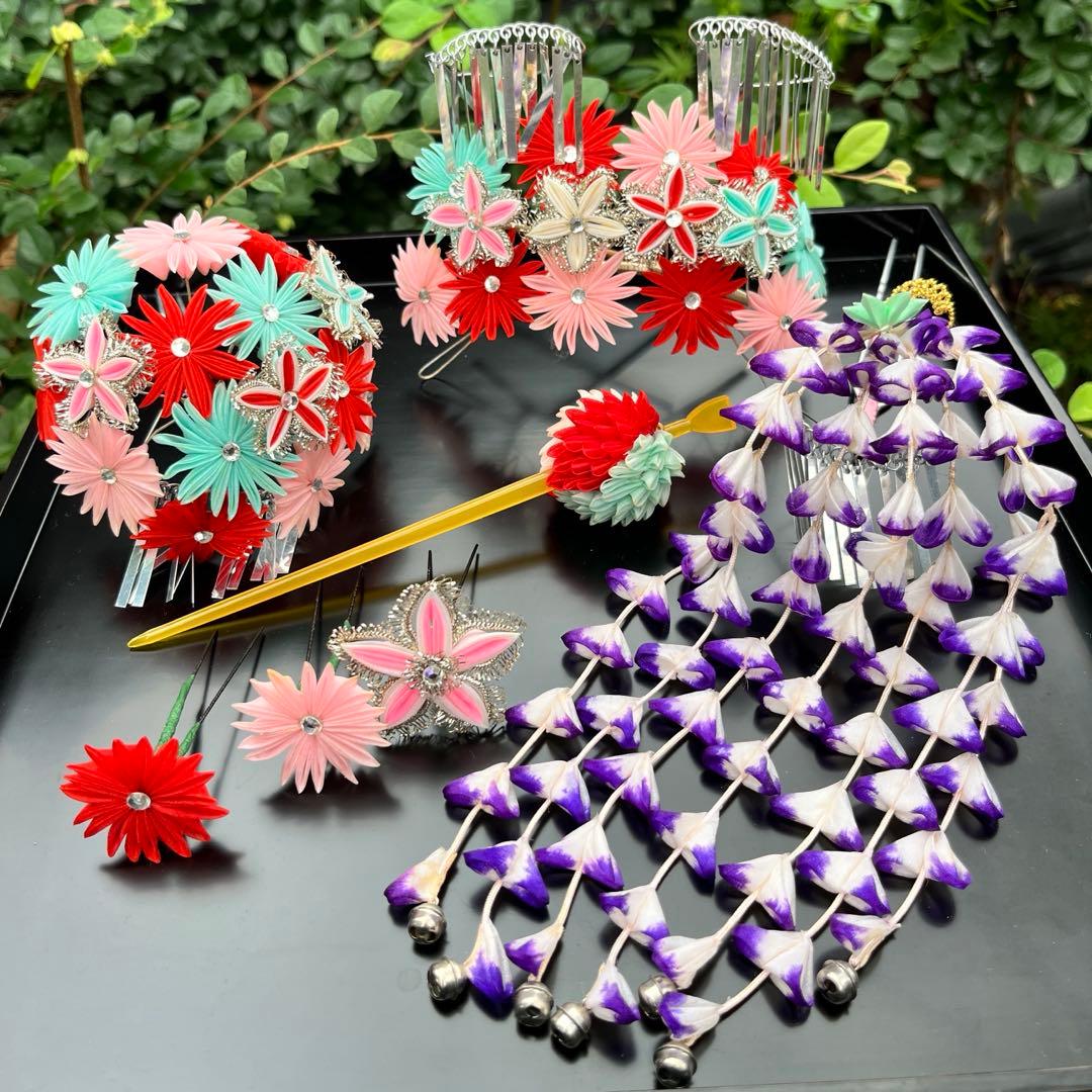 勝山髪飾り 七五三 7歳 (ピンク×赤×水色)