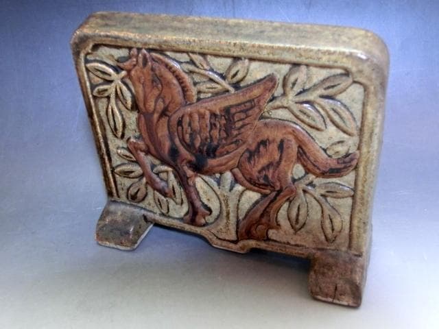 硯屏■唐草馬紋 櫛目 結界 古い陶器 お茶道具 書道道具 骨董品 希少■