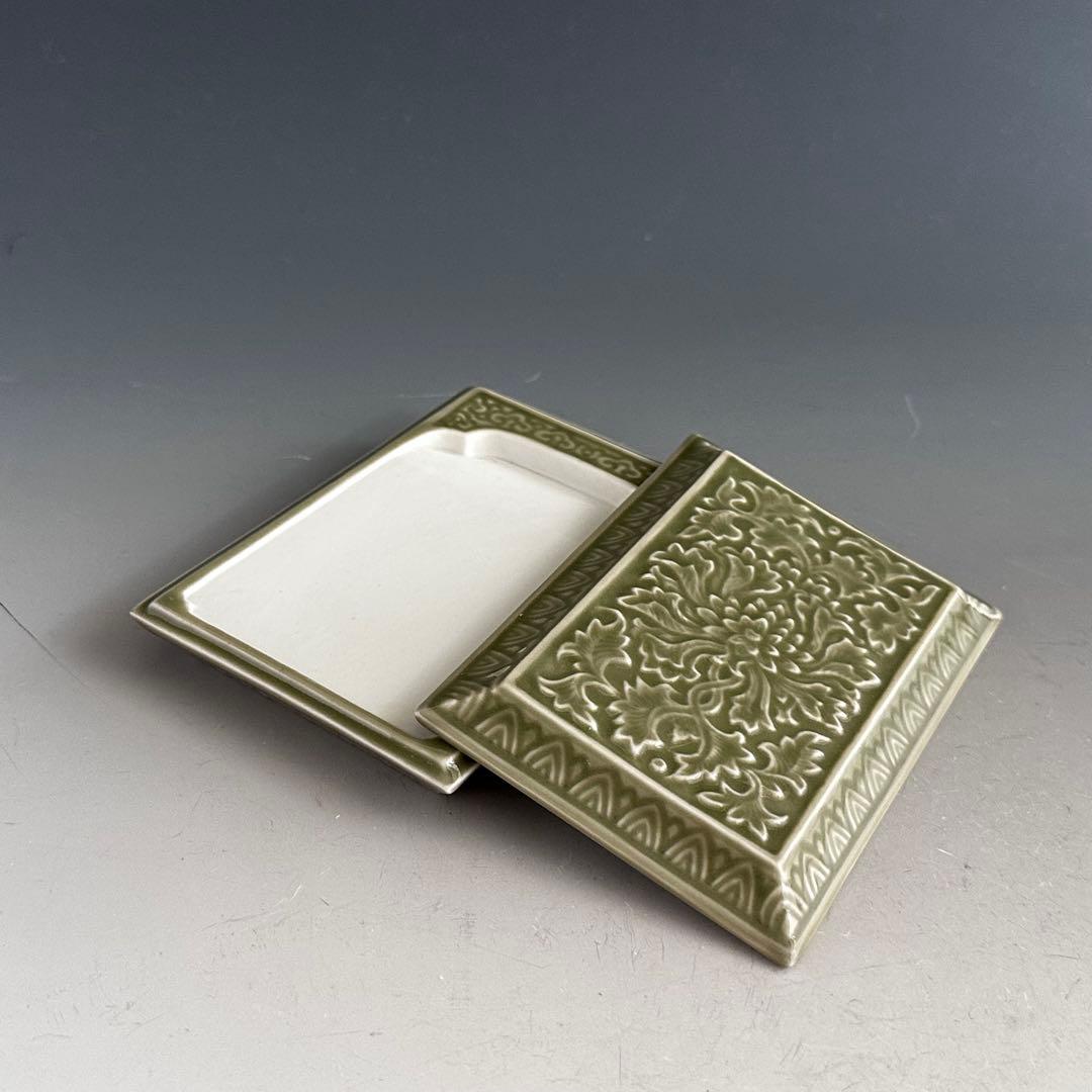 書道具　青磁　唐草紋　陶硯　平安　松本石亭　共箱　京焼　煎茶道具　陶芸