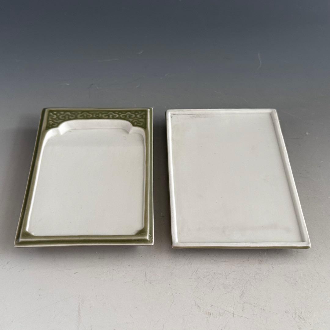 書道具　青磁　唐草紋　陶硯　平安　松本石亭　共箱　京焼　煎茶道具　陶芸