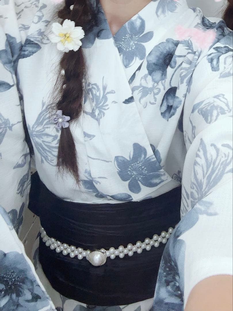 青い花柄浴衣とリボン帯セット