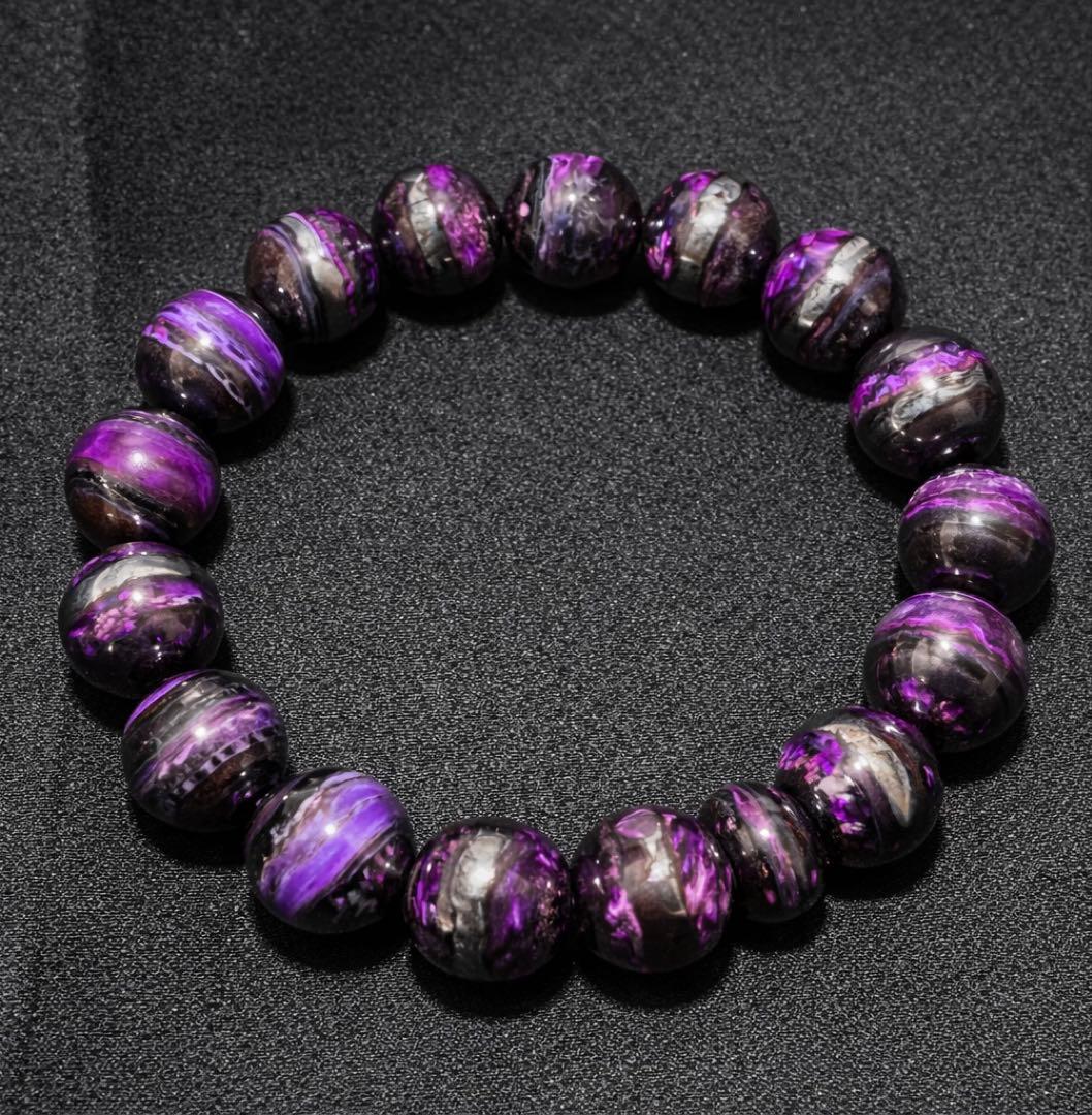 【極上品質・超激レア】スギライト 14mm ブラック×パープル バイカラー