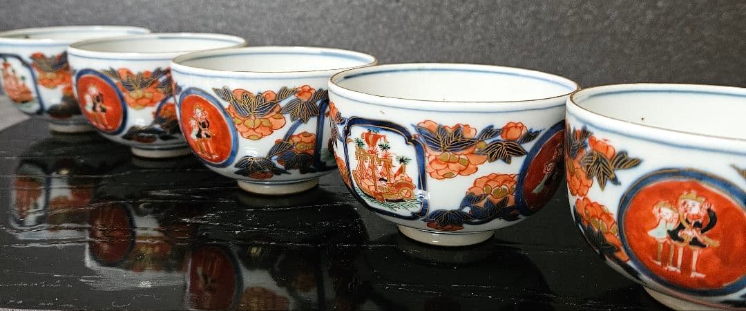 【珍品❗名品❗】明治時代　大聖寺伊万里　韃靼人と南蛮舟に花の図　ころ茶碗　ぐい呑