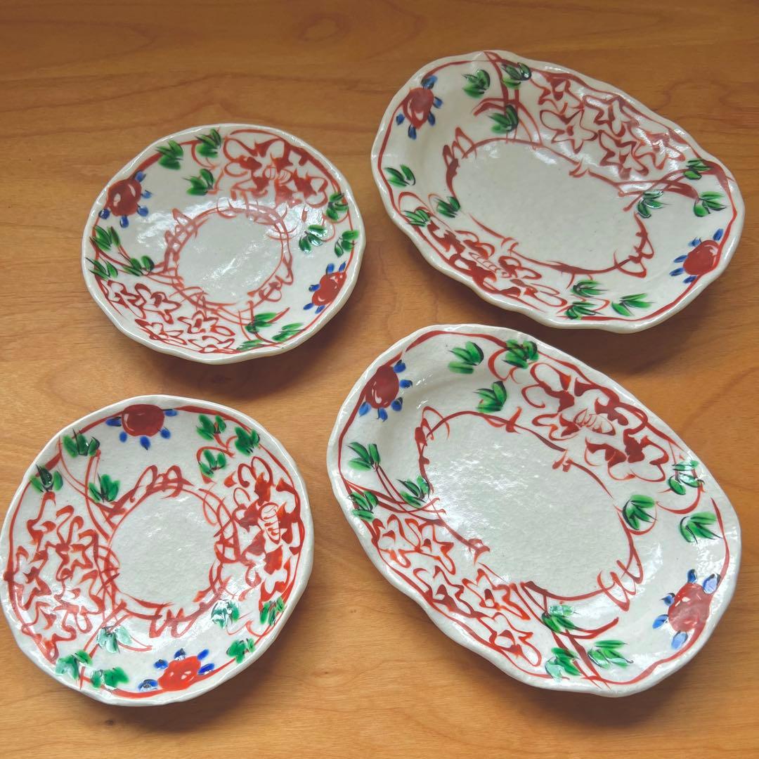 榛澤宏 色絵二花楕円小皿 豆皿 たたら 粉引 赤絵 作家もの