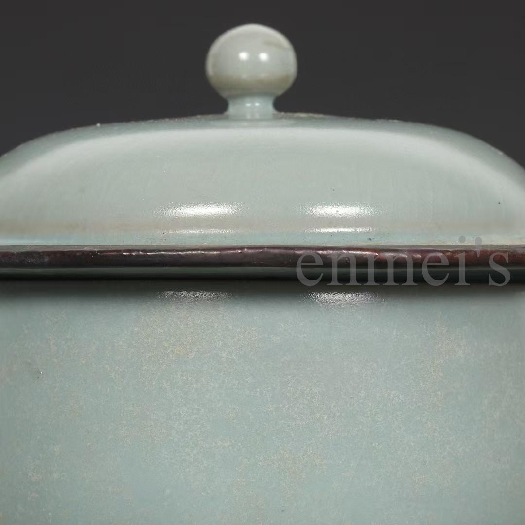 中国古美術・宋汝窯款天青釉「寿成殿」銀口盞托茶器セット・木箱付・文房具・煎茶道具