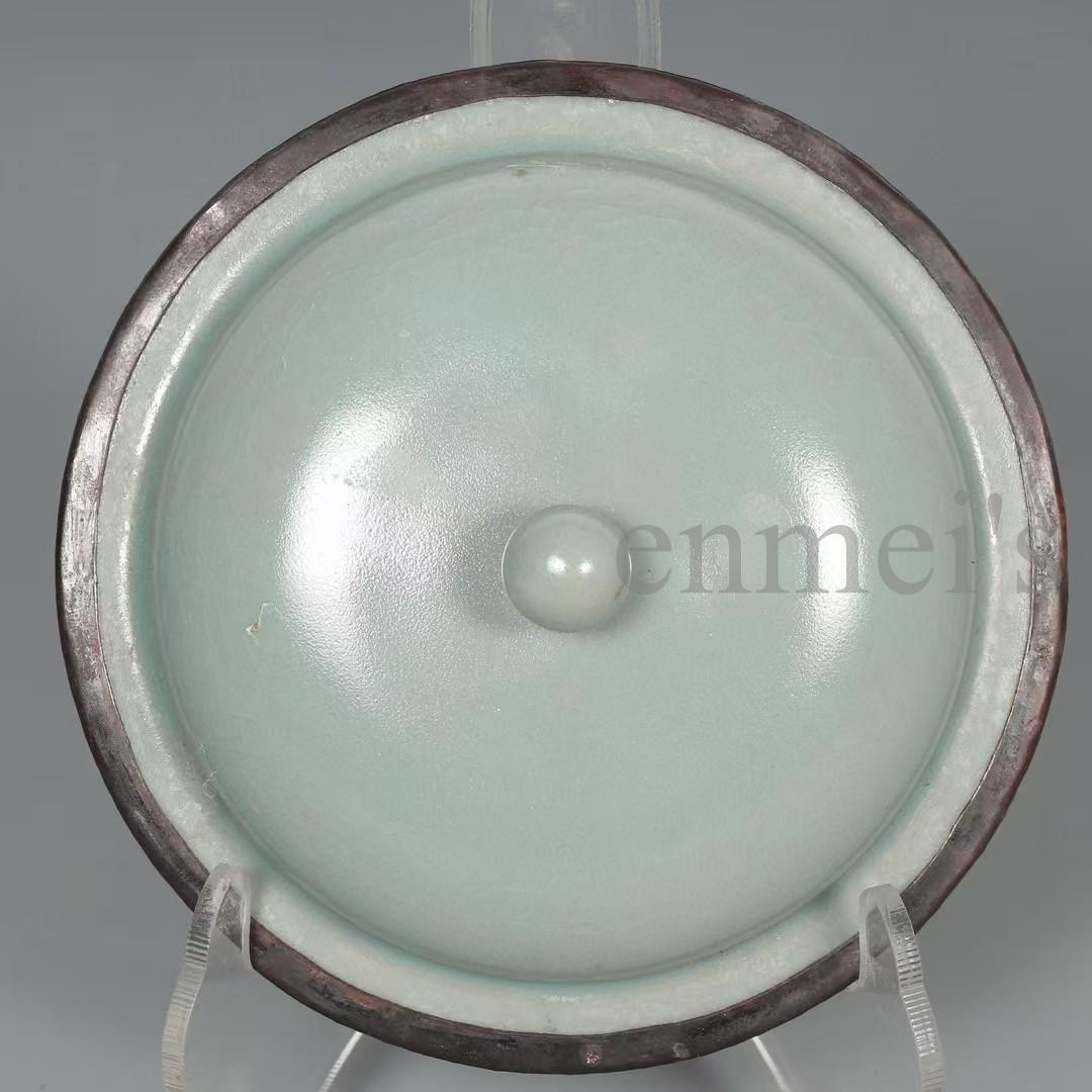 中国古美術・宋汝窯款天青釉「寿成殿」銀口盞托茶器セット・木箱付・文房具・煎茶道具