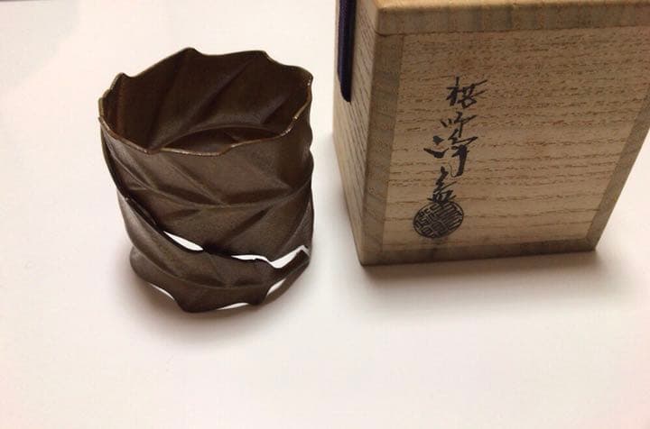 茶道具十一代 中川浄益作 黄銅一葉蓋置☆共箱お猪口付