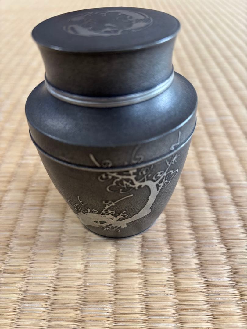 煎茶道具　錫製　林亭瑞製　茶入　茶心壺　細かい装飾　286g 幅7×高10㎝