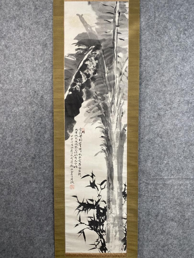 秋月種樹画 新井洞巌(白雲居士)賛 芭蕉画賛 群馬県 明治 掛軸ZK19