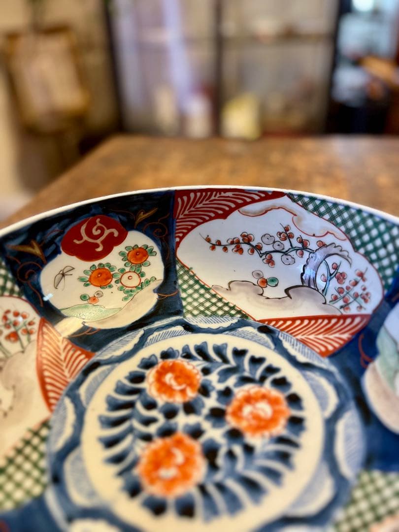古伊万里　大鉢　色絵　赤絵　染付　二高台　食器　アンティーク　古道具