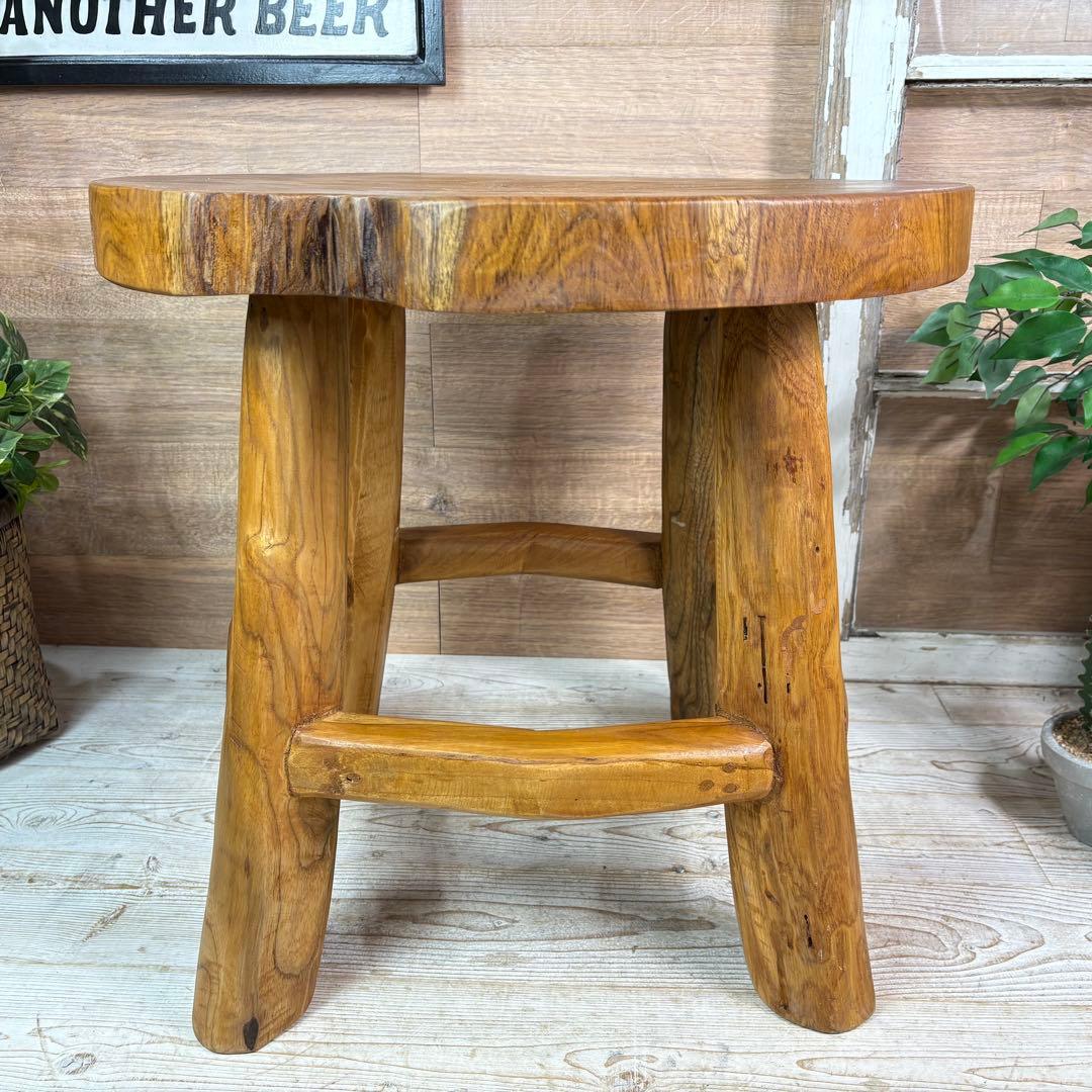 オールドチーク天然無垢材木製創作極太サイドテーブル L（直径54㎝）ウッド飾り台