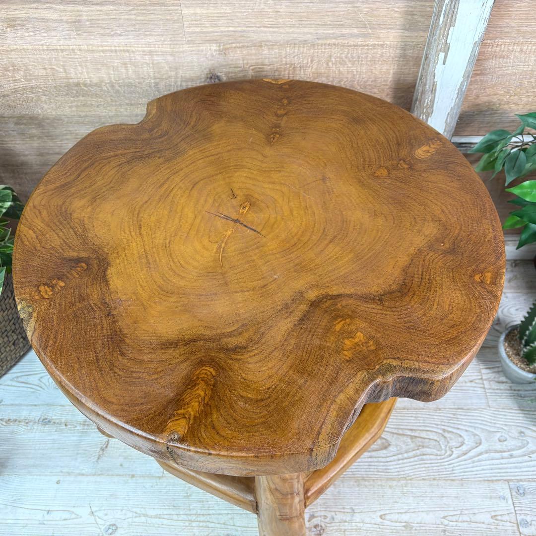 オールドチーク天然無垢材木製創作極太サイドテーブル L（直径54㎝）ウッド飾り台