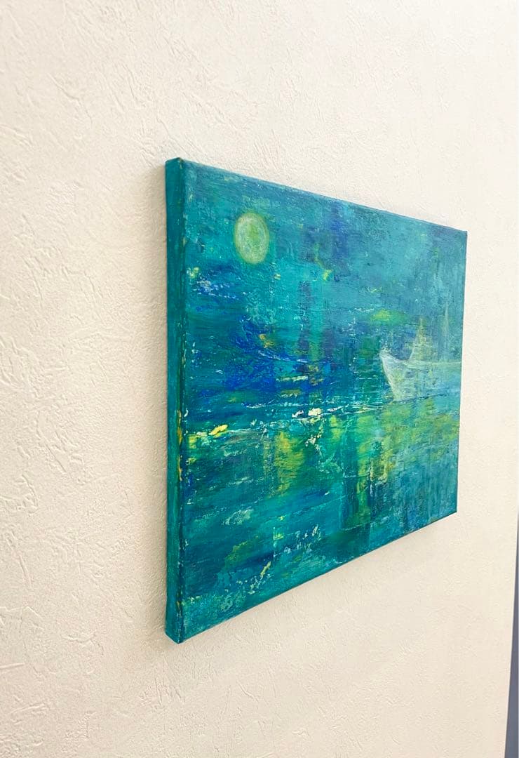 265 抽象画 アクリル画 原画 キャンバスボード F6 満月と哀愁の漁船
