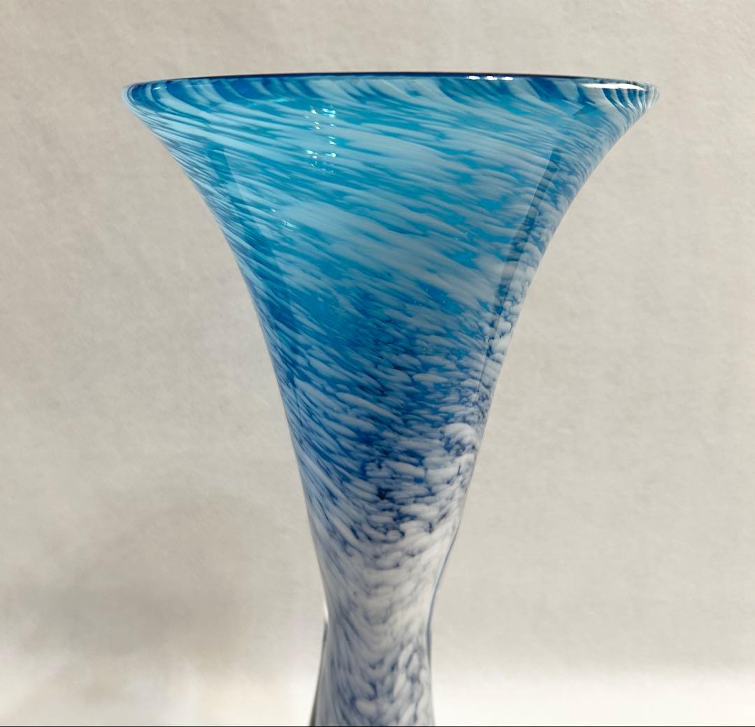 吹きガラス 花瓶 ブルー×ホワイト 約30cm イタリアアート 花器 インテリア