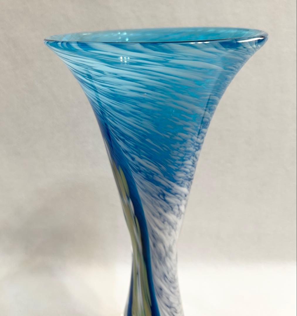 吹きガラス 花瓶 ブルー×ホワイト 約30cm イタリアアート 花器 インテリア