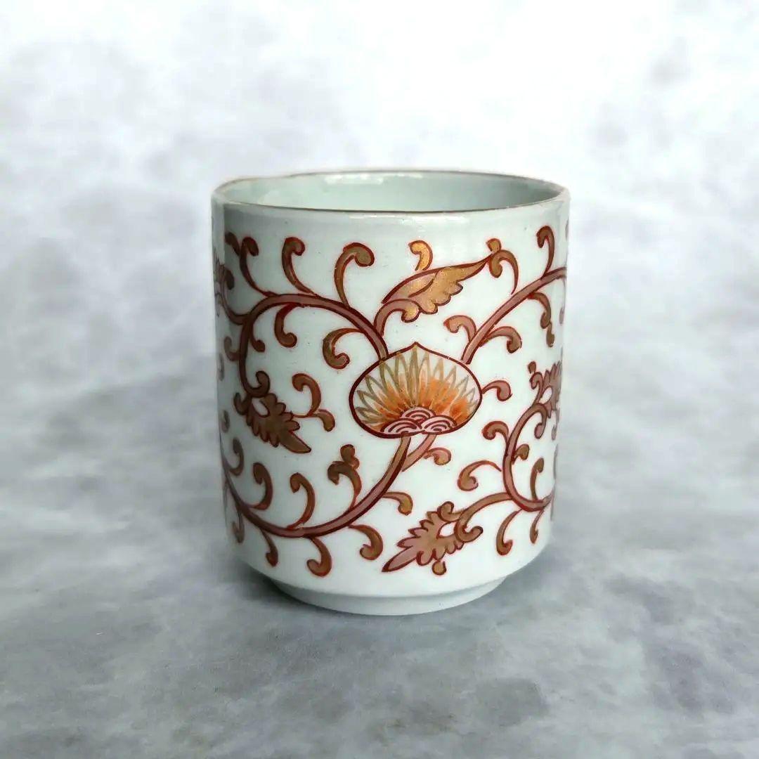 無傷完品　古伊万里　金彩赤絵　覗き　猪口　江戸時代　唐草　アンティーク　骨董