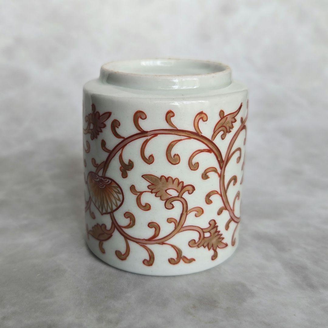 無傷完品　古伊万里　金彩赤絵　覗き　猪口　江戸時代　唐草　アンティーク　骨董