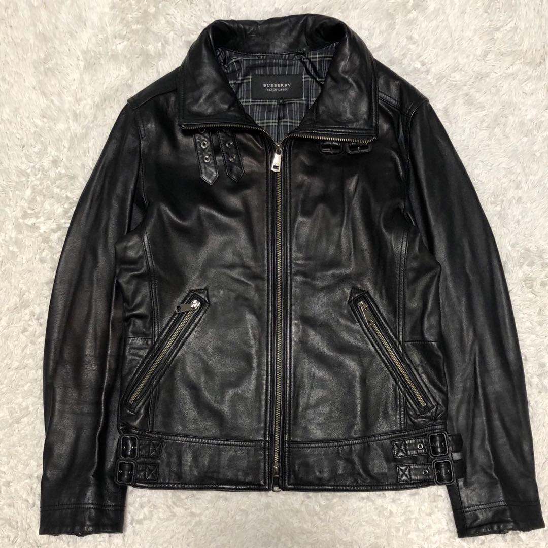 美品 バーバリーブラックレーベル ライダースジャケット ラムレザー 本革 黒