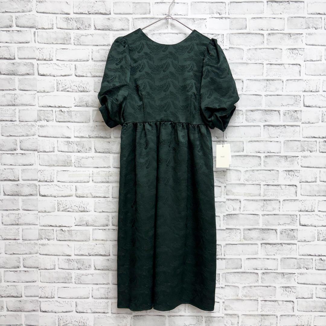 etoll. エトル　ジャガード　パフ　スリーブ　ドレス グリーン