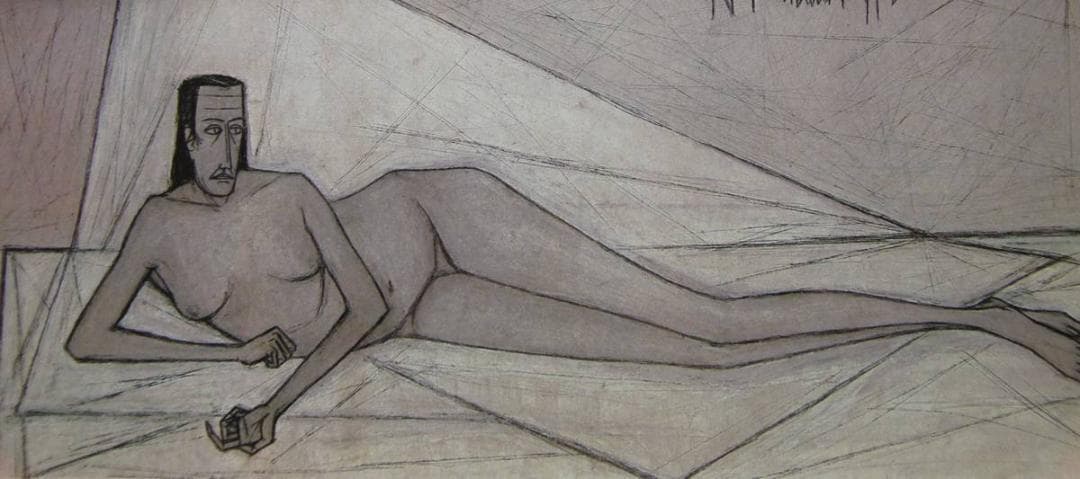 ベルナール・ビュッフェ、「Nu couche」、希少画集の額装画、人気作品