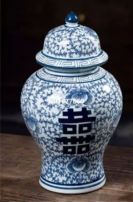 青花喜字陶器壺 景徳鎮 陶磁器 装飾品 現代工芸品 美術品 置物
