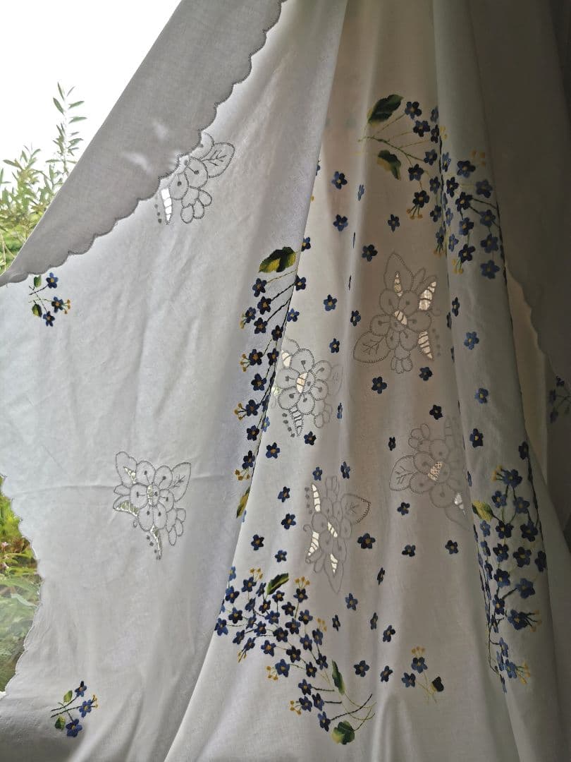 アンティークフランス 青と黄の小花刺繍 忘れな草 オープンカットワーク大判クロス