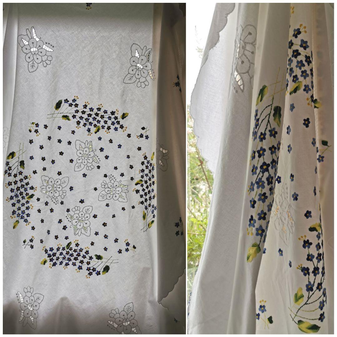 アンティークフランス 青と黄の小花刺繍 忘れな草 オープンカットワーク大判クロス