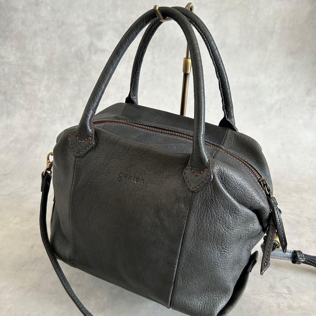 美品ゲンテン ショルダーバッグ 2way 山羊革 ゴートスキン ヌメボストン
