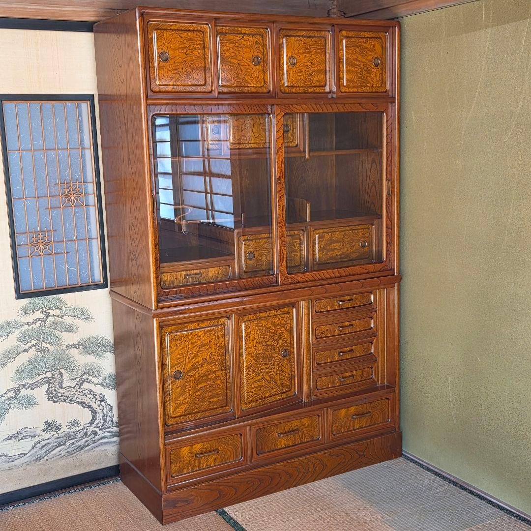 茶箪笥　欅　ケヤキ　和風収納棚 ガラス扉付き　アンティーク風　高さ約175㎝