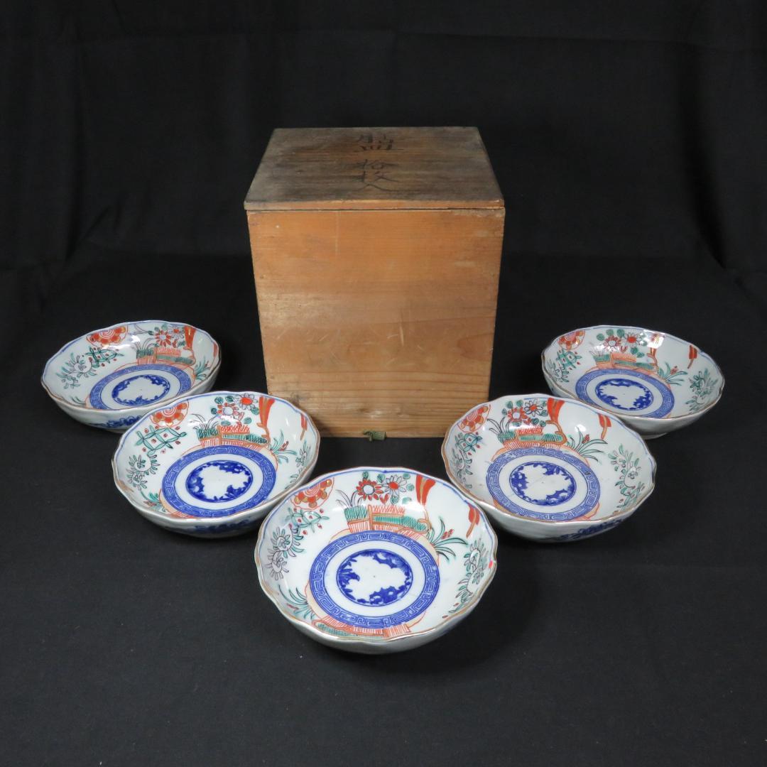 なます皿 5客 松竹梅 色絵付 見込印判 唐草 花文様 明治 木箱