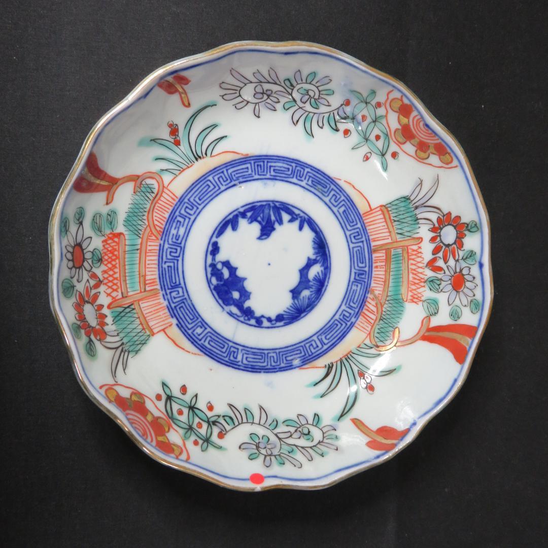 なます皿 5客 松竹梅 色絵付 見込印判 唐草 花文様 明治 木箱