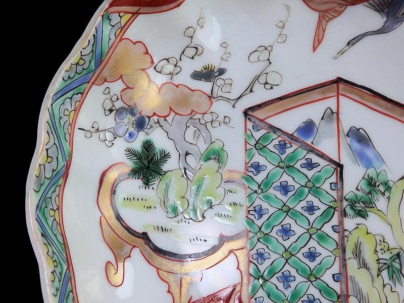 古伊万里　色絵　屏風図に双鶴の図　膾皿　５枚　D299AS-fbty